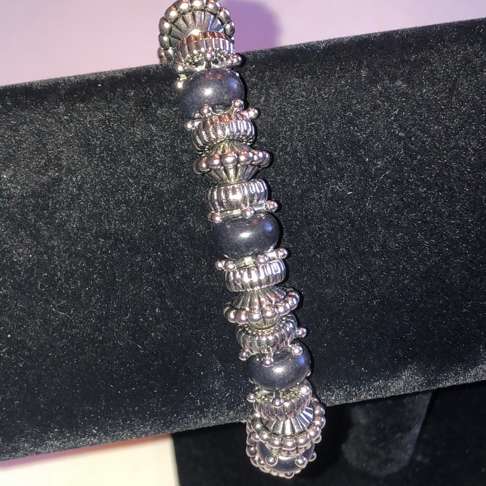Silver Tone and Black Beaded Boho Stretch Bracelet